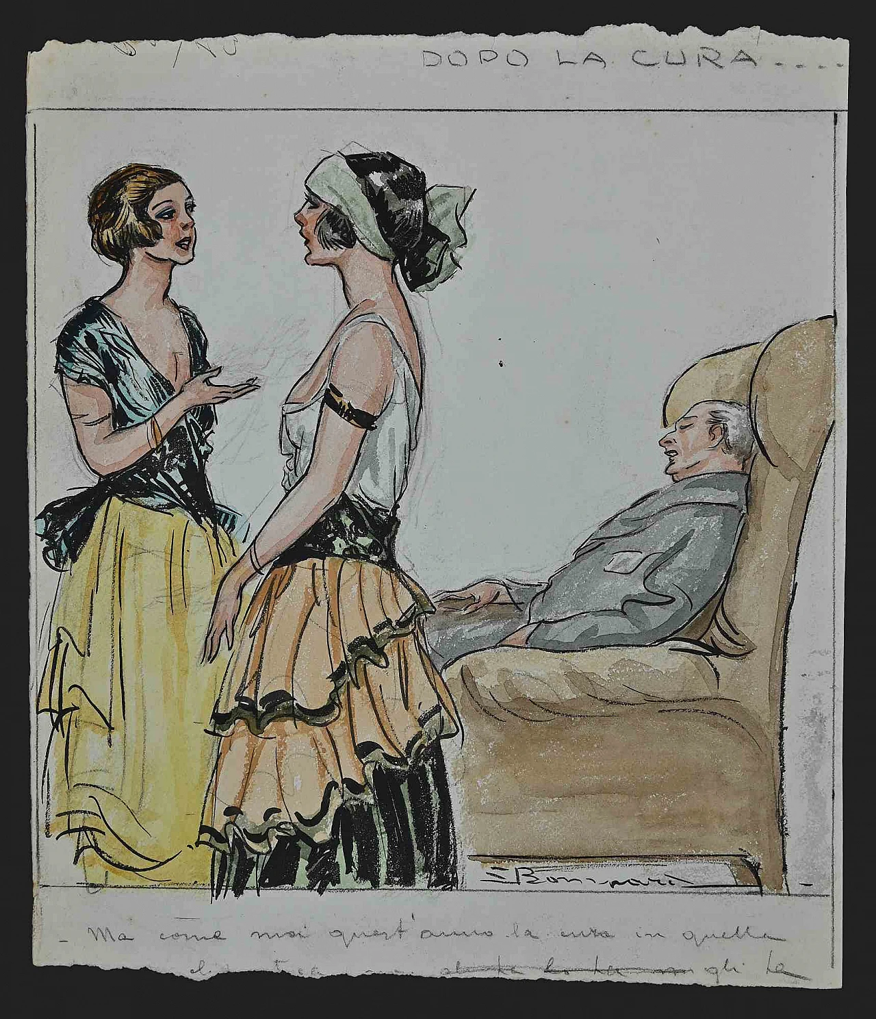 Luigi Bompard, After the Cure, Drawing-Ink Drawing Watercolour  1920s-1930s 1