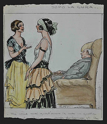 Luigi Bompard, After the Cure, Drawing-Ink Drawing Watercolour  1920s-1930s