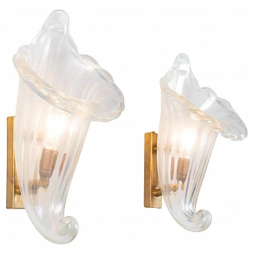 Pair of opalescent Murano glass wall lights by Seguso, 1940s