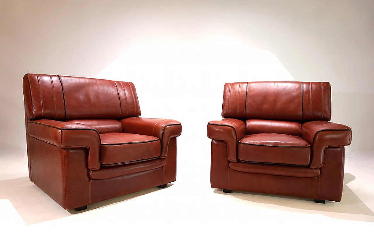 Pair of cognac-coloured leather armchairs, 1990 1