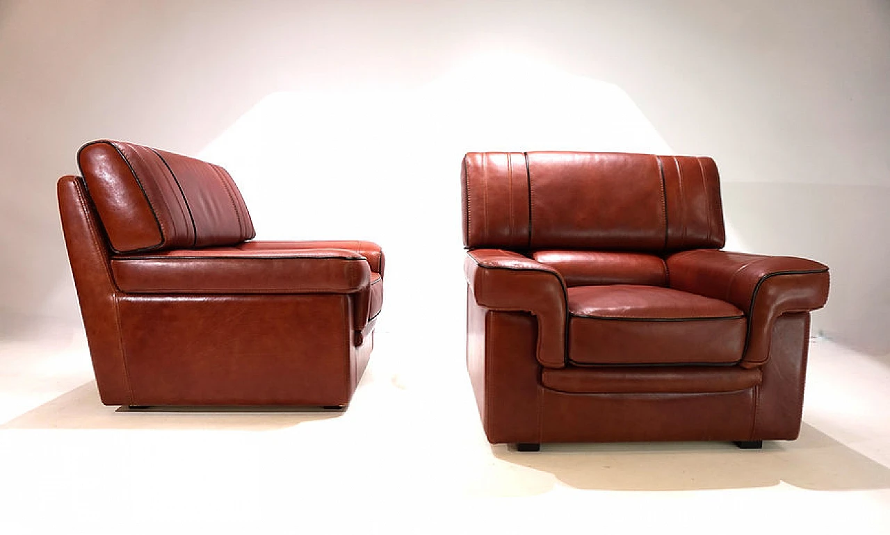 Pair of cognac-coloured leather armchairs, 1990 14