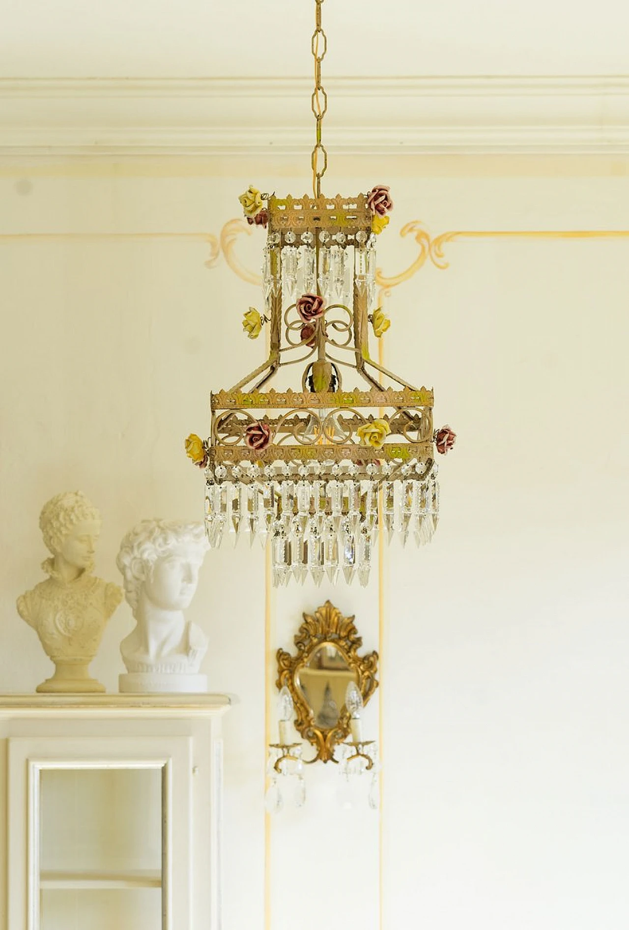 Empire style chandelier in golden metal with porcelain flowers, 1950s 1