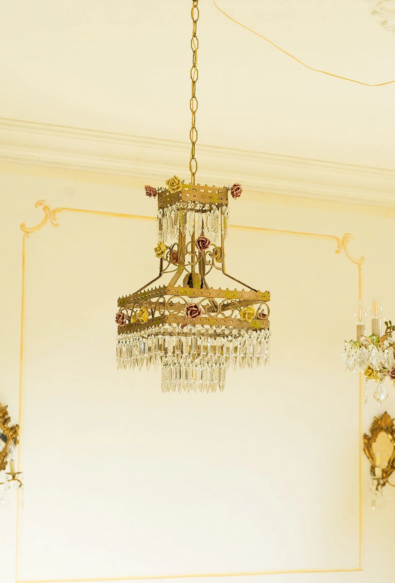 Empire style chandelier in golden metal with porcelain flowers, 1950s 2