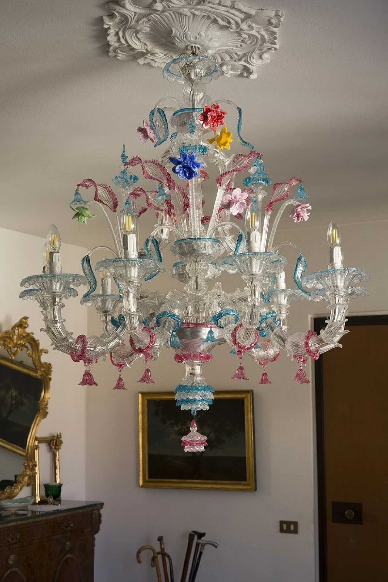 Lampadario a 9 luci in vetro di Murano soffiato con motivi floreali 4