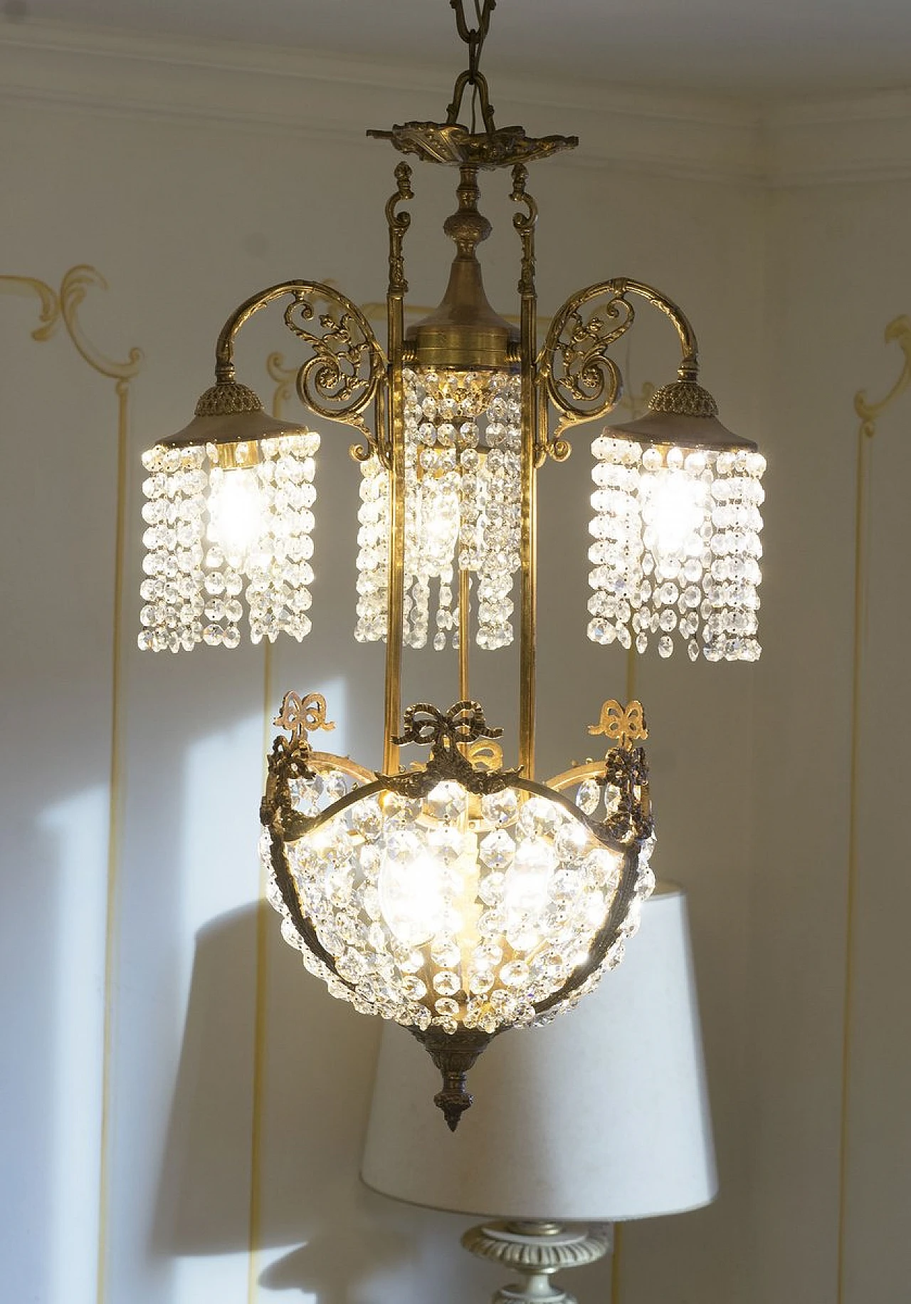 Art Nouveau style brass chandelier with Swarovski crystals, 1950s 4