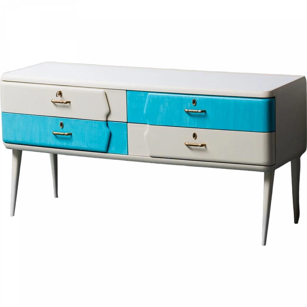 Ivory, white and light blue wood chest of drawers, 1960s 13