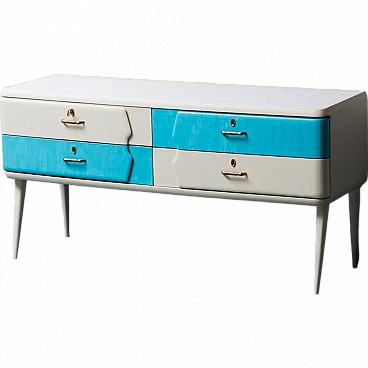 Ivory, white and light blue wood chest of drawers, 1960s