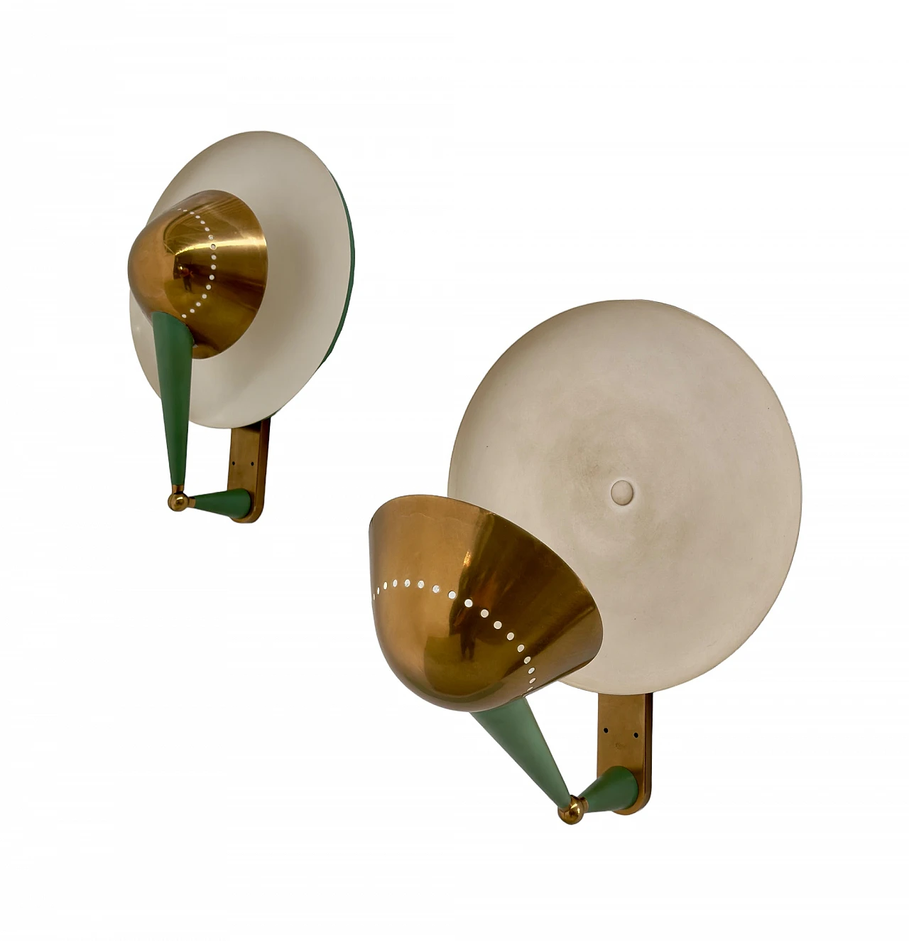 Pair of brass and green aluminium wall lamps by Stilnovo, 1950s 2