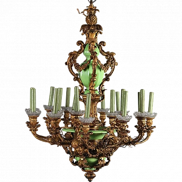Lampadario a 18 luci in bronzo, ceramica verde e cristallo, '800