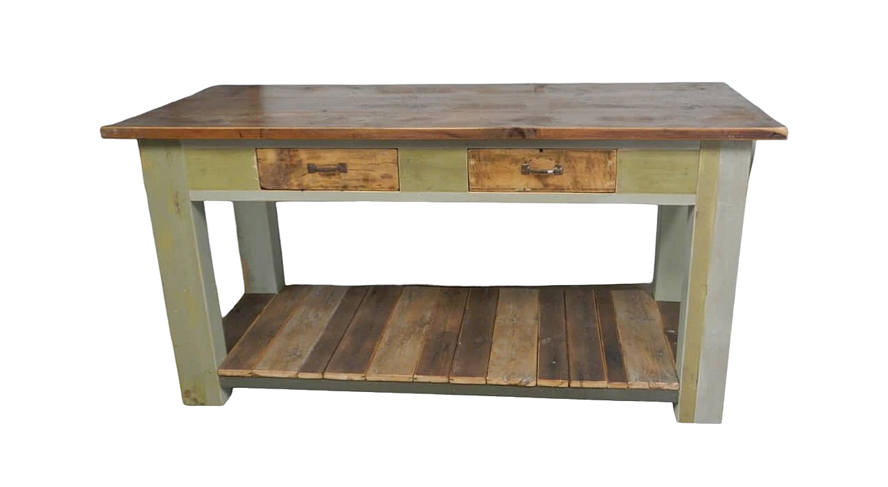 Green and brown varnished spruce workbench, 1950s 12