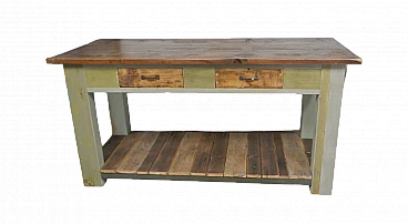 Green and brown varnished spruce workbench, 1950s