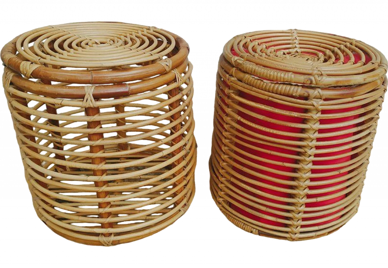 Pair of bamboo and wicker poufs, 1950s 5