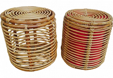 Pair of bamboo and wicker poufs, 1950s