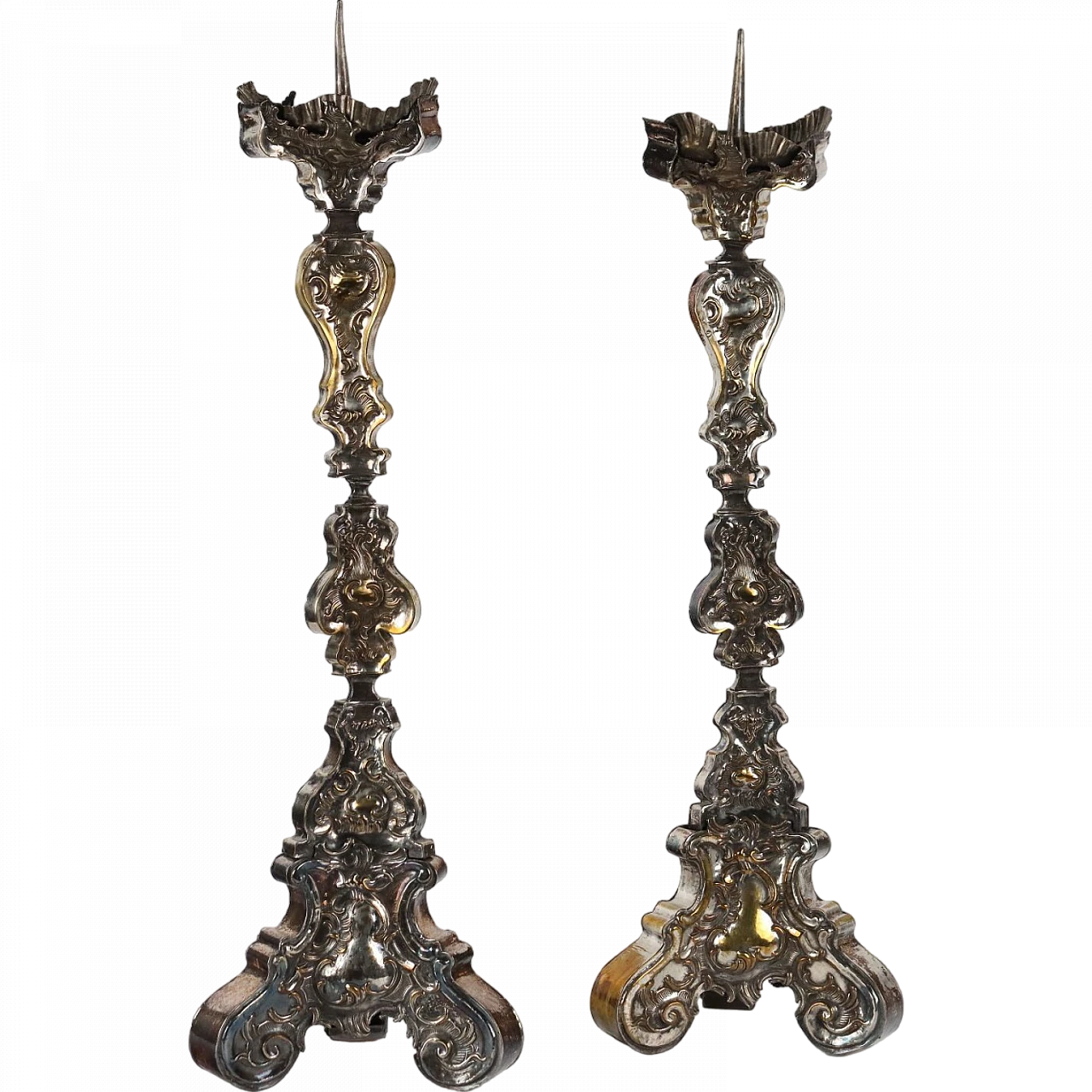 Pair of candelabra in embossed and silvered brass plate, 18th century 8