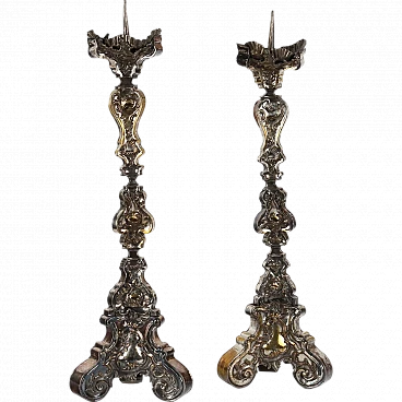 Pair of candelabra in embossed and silvered brass plate, 18th century