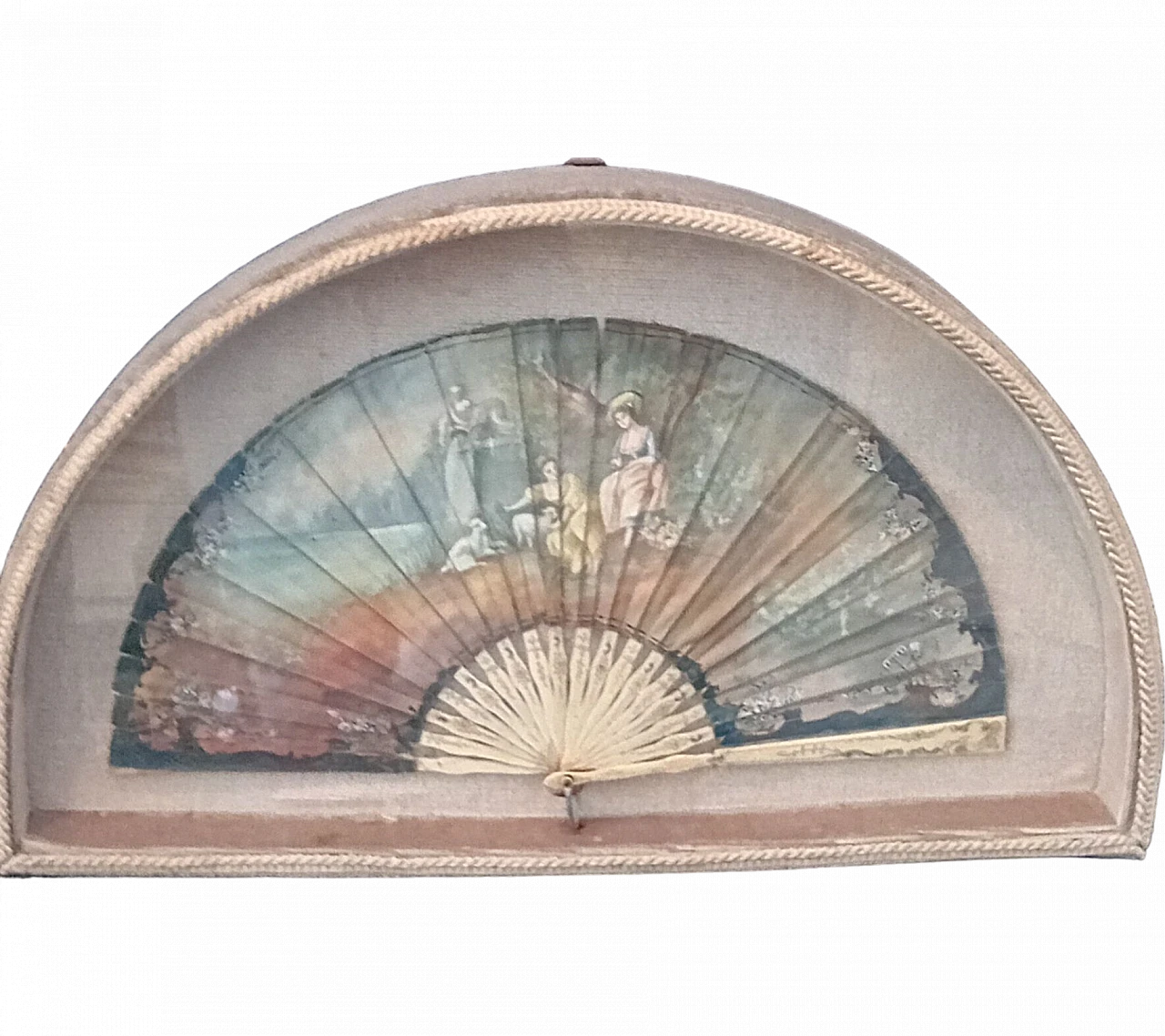 French painted fabric fan with display case, late 19th century 7