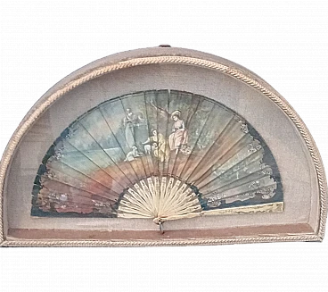 French painted fabric fan with display case, late 19th century