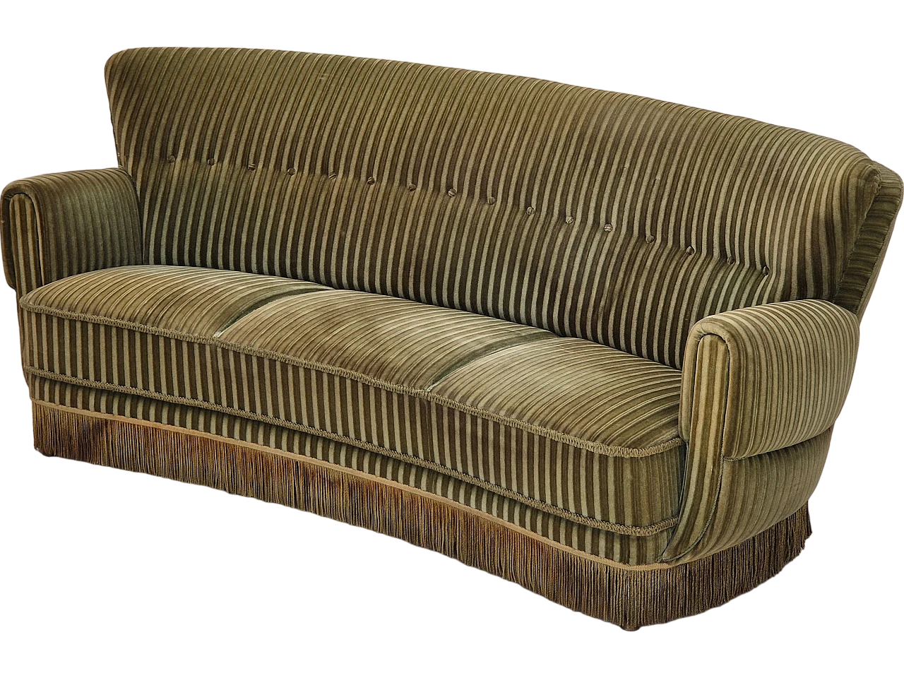 Danish green velvet and beech curved sofa, 1960s 17