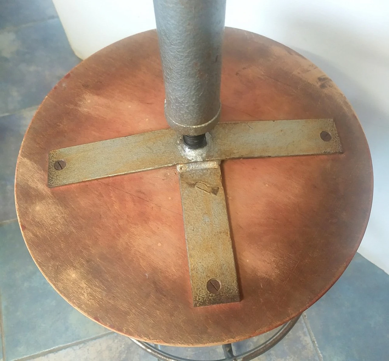 Pair of Swivel stools with pine wood seat & metal structure, 1950s 3