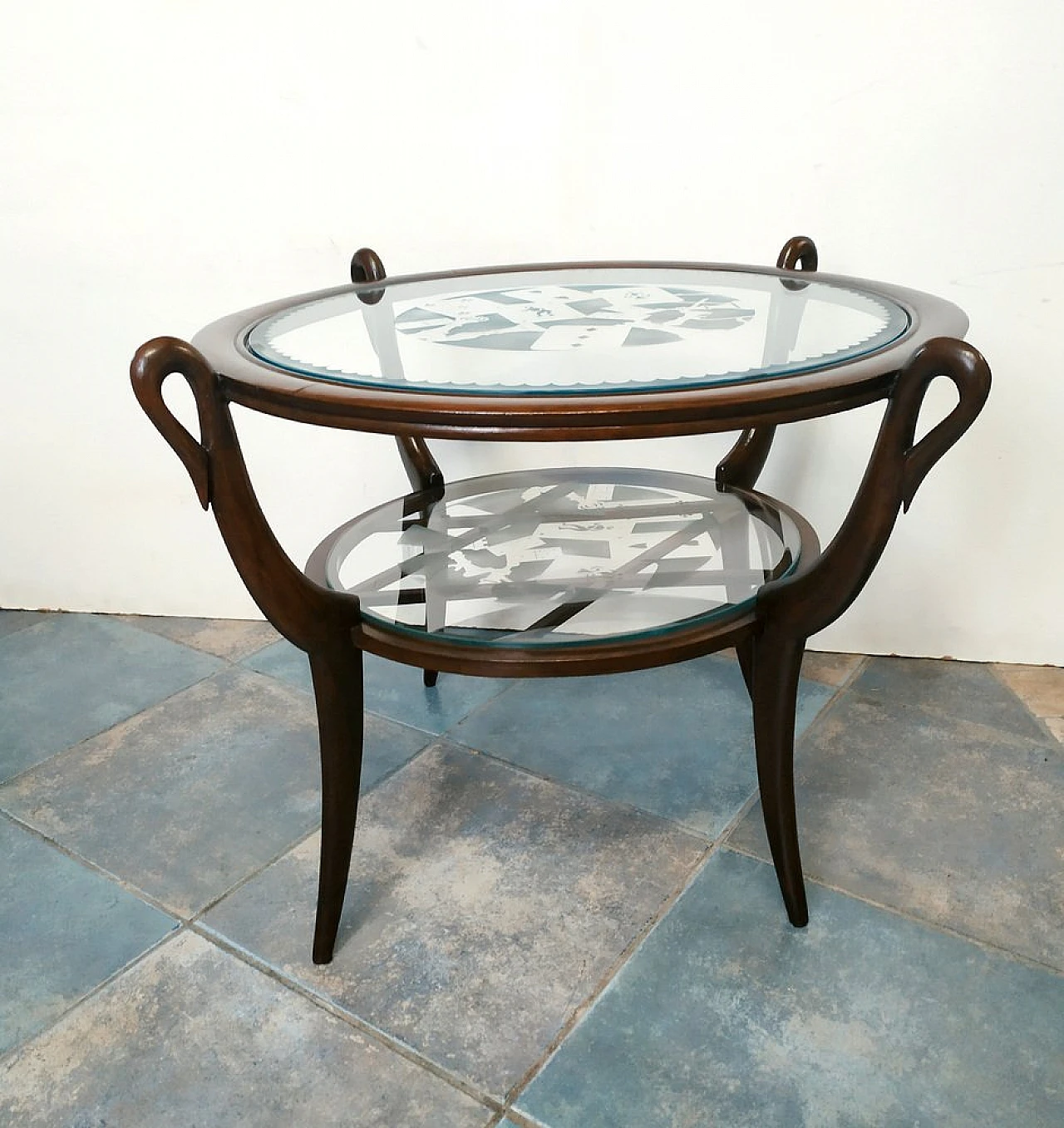 Art Déco round coffee table in beech wood & glass, 1940s 1