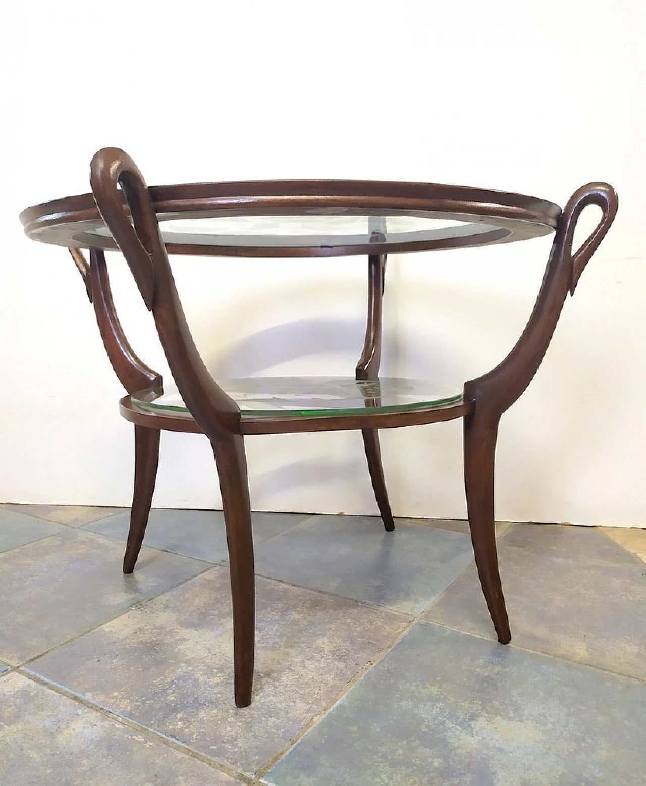 Art Déco round coffee table in beech wood & glass, 1940s 2