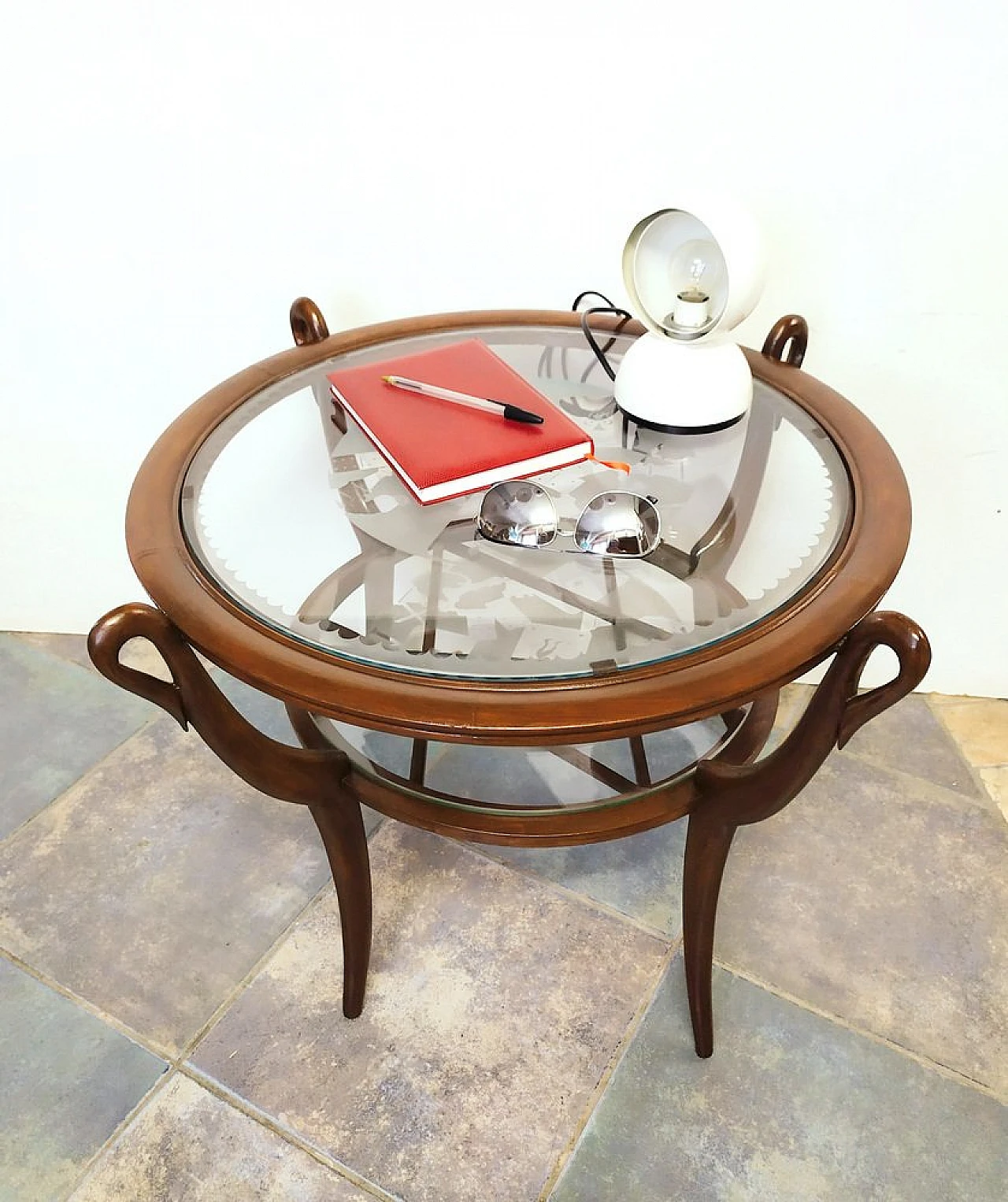 Art Déco round coffee table in beech wood & glass, 1940s 3