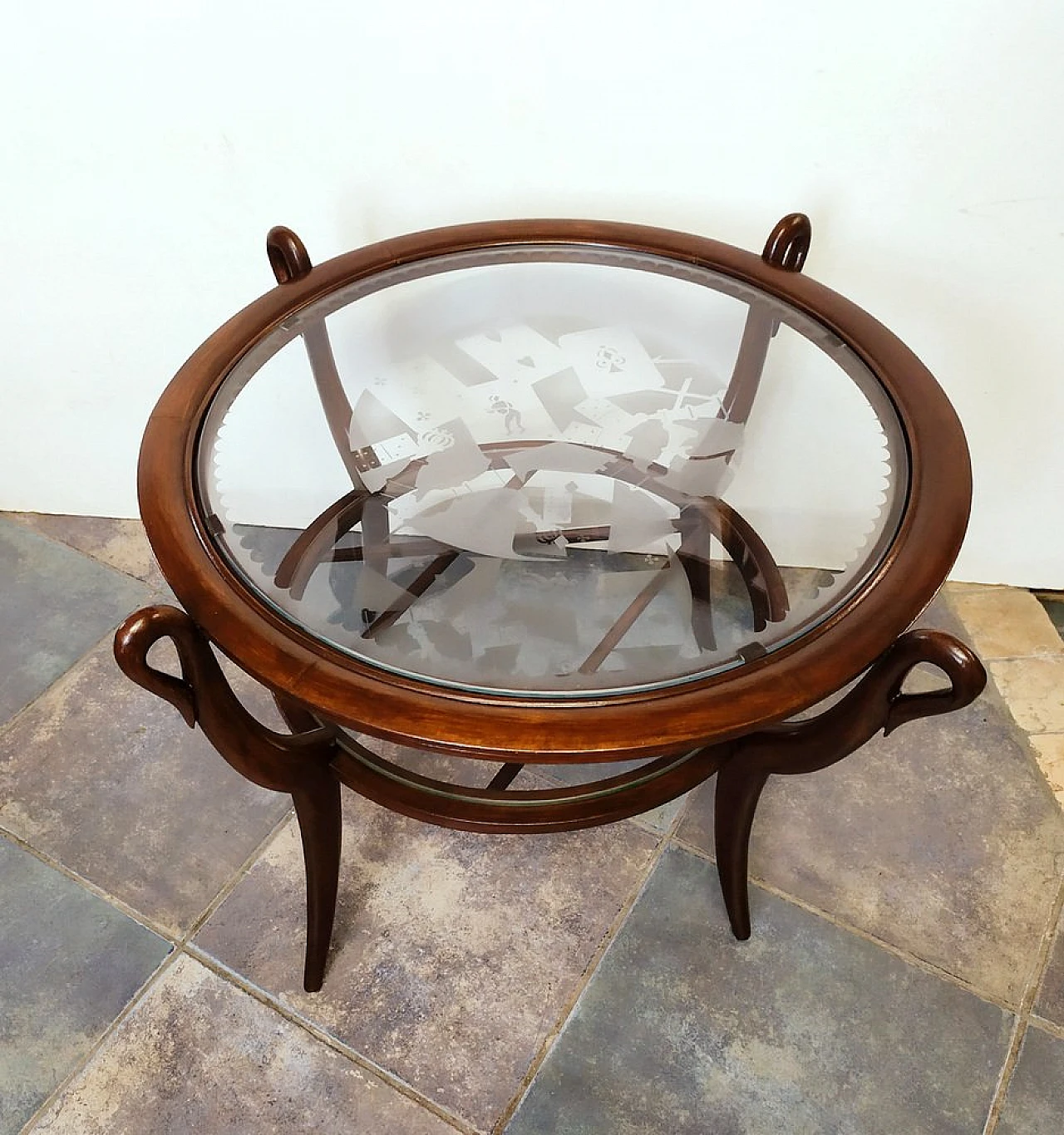 Art Déco round coffee table in beech wood & glass, 1940s 4