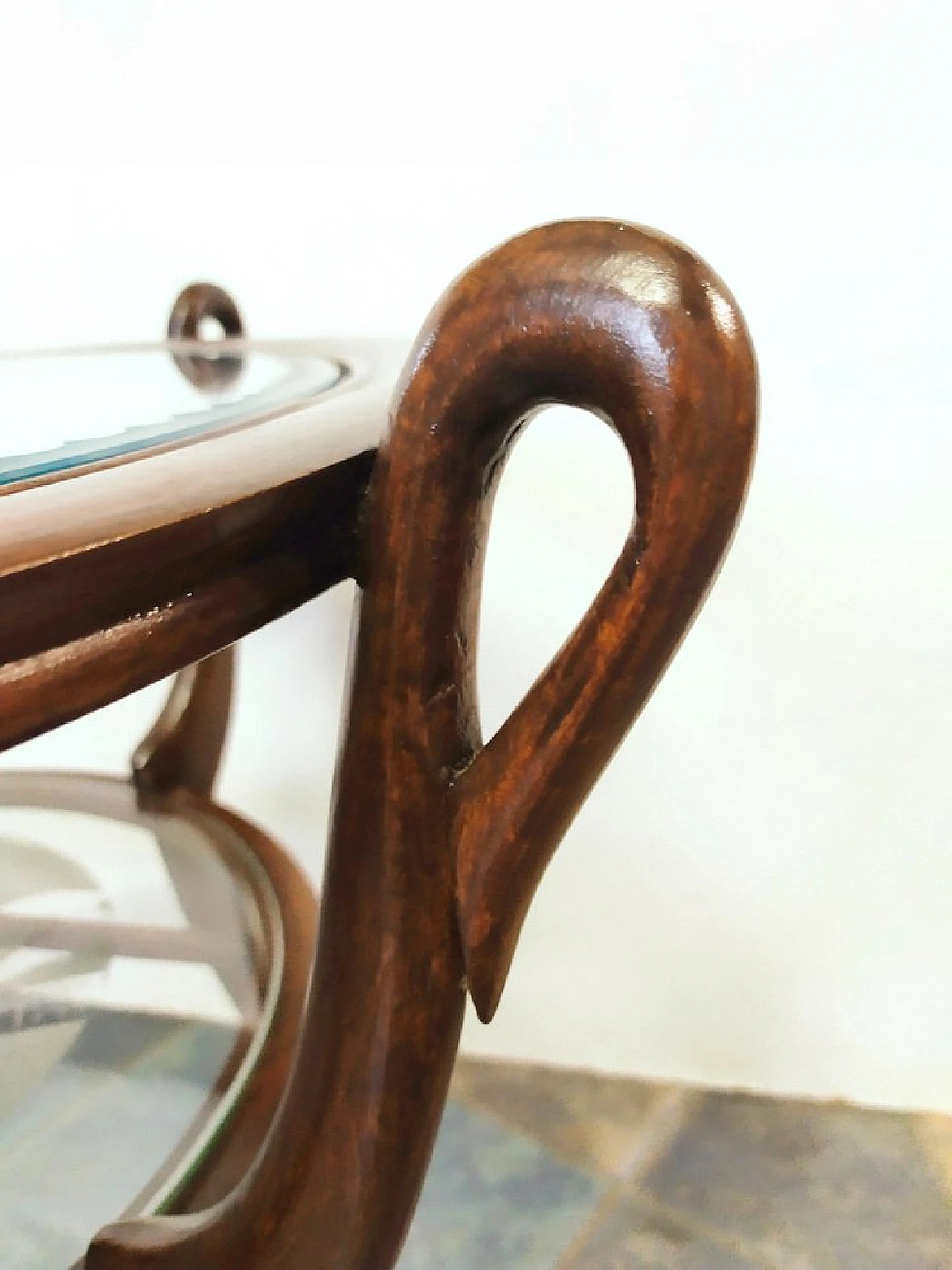 Art Déco round coffee table in beech wood & glass, 1940s 5