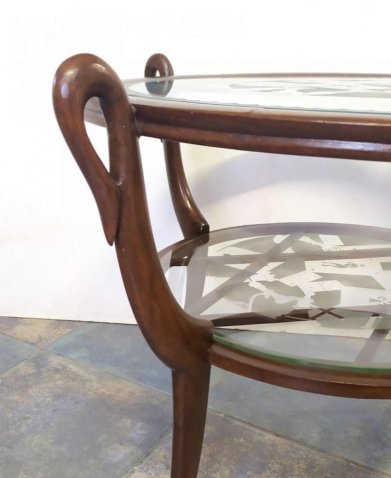 Art Déco round coffee table in beech wood & glass, 1940s 7