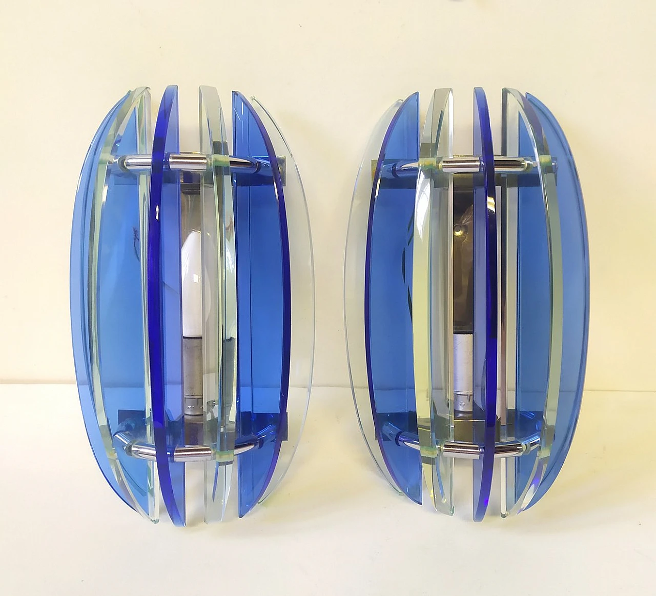 Pair of blue glass & metal wall lights by Veca, 1970s 1