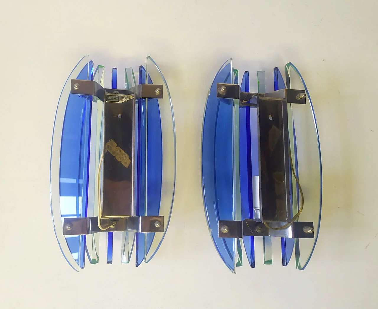 Pair of blue glass & metal wall lights by Veca, 1970s 2