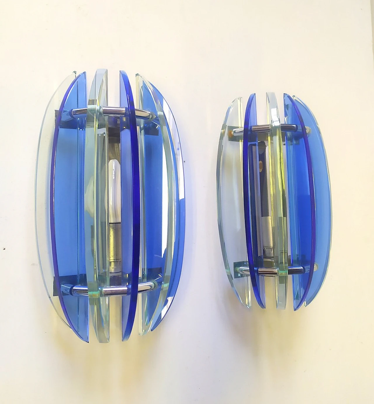 Pair of blue glass & metal wall lights by Veca, 1970s 3