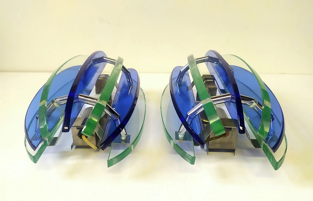 Pair of blue glass & metal wall lights by Veca, 1970s 4