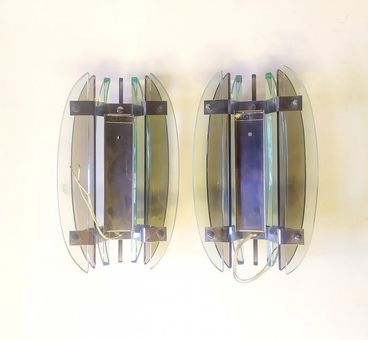 Pair of green glass & metal wall lights by Veca, 1970s 4