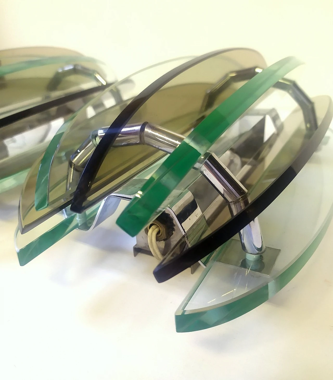 Pair of green glass & metal wall lights by Veca, 1970s 6