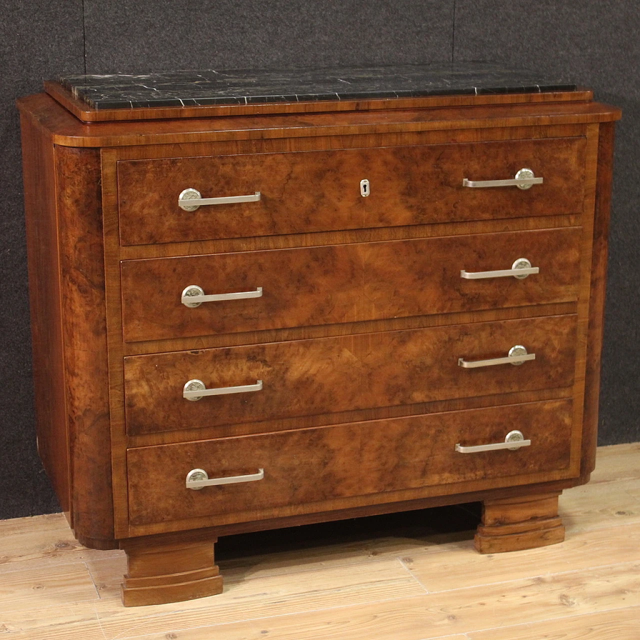 Art Deco walnut and walnut-root dresser with marble top, 1940s 1