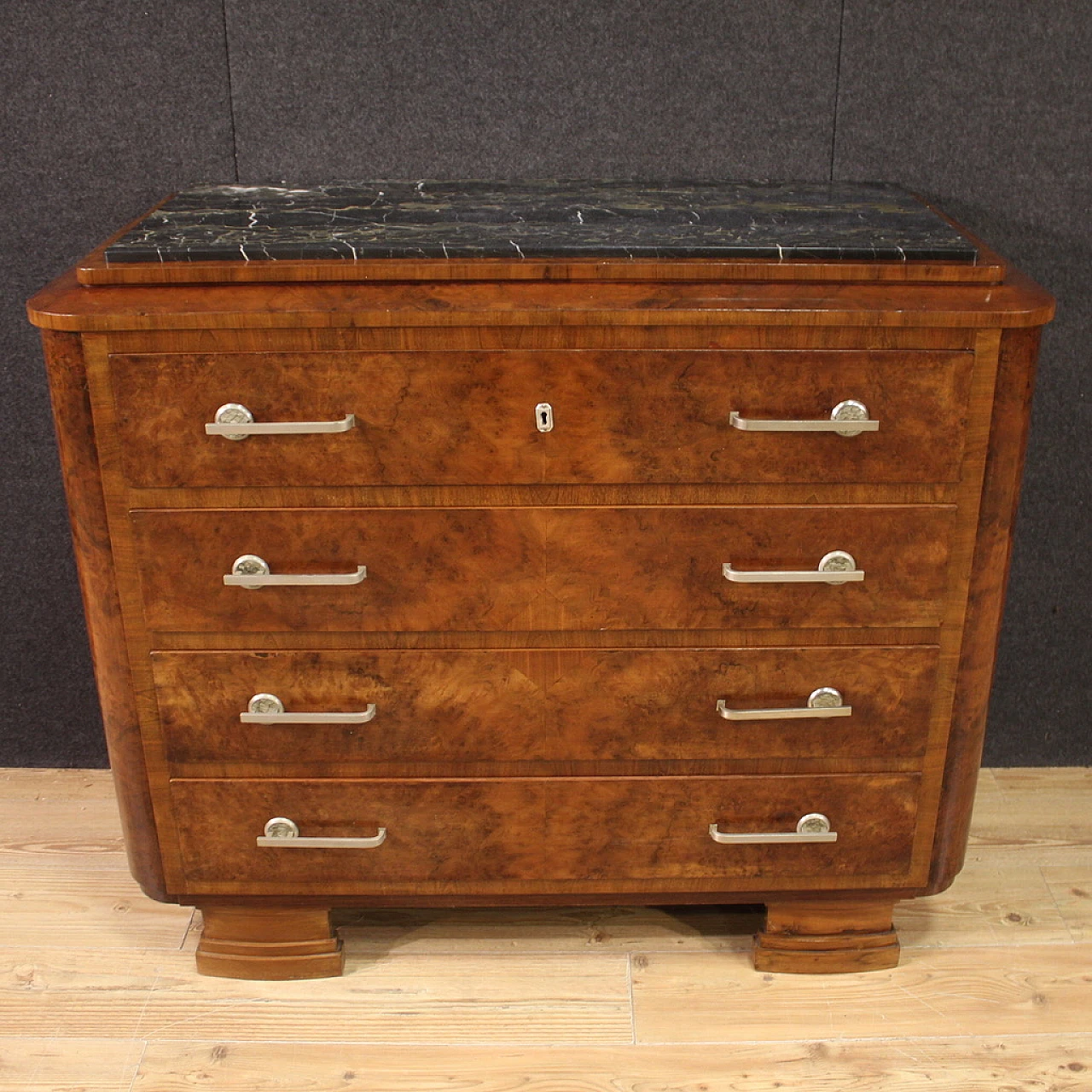 Art Deco walnut and walnut-root dresser with marble top, 1940s 2