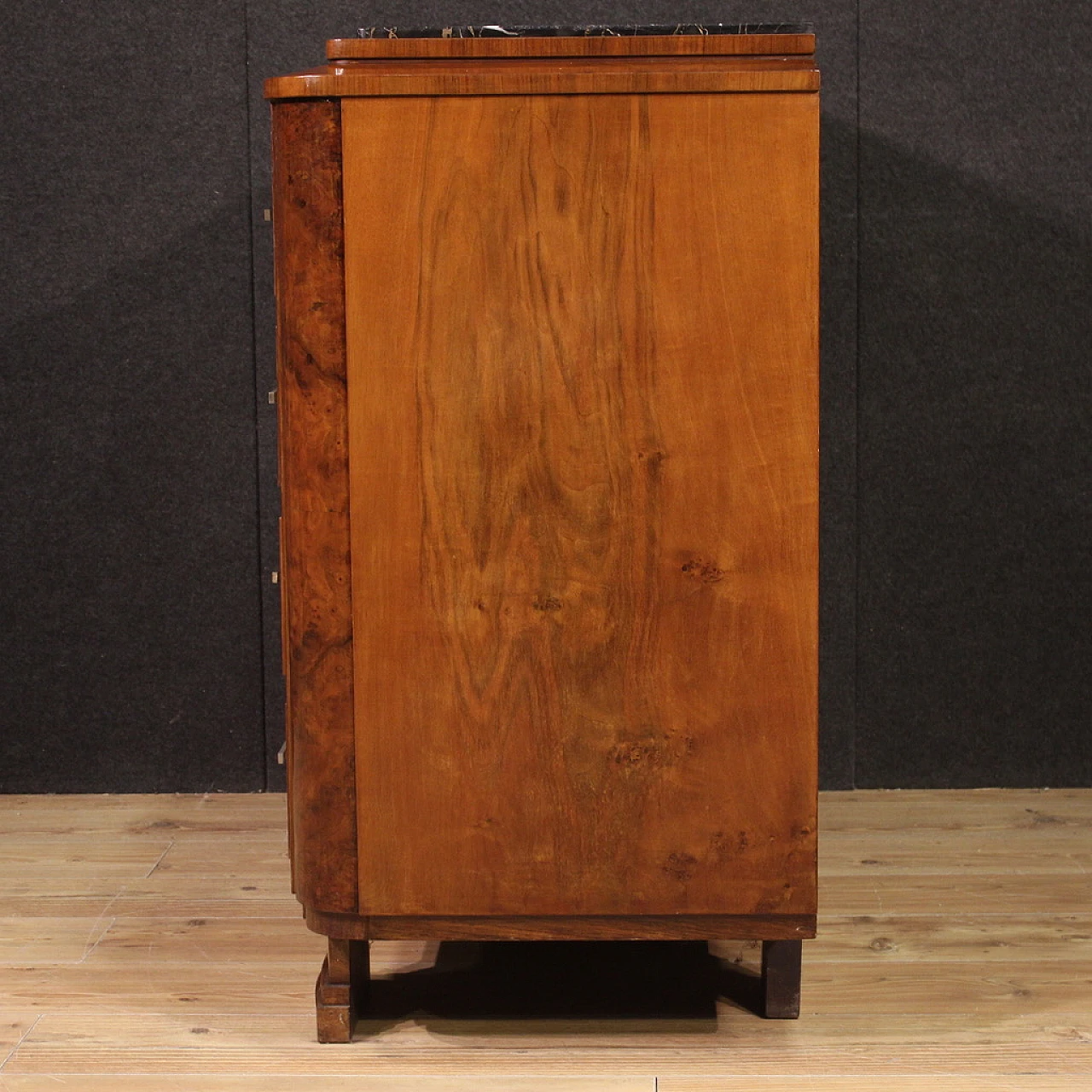 Art Deco walnut and walnut-root dresser with marble top, 1940s 4