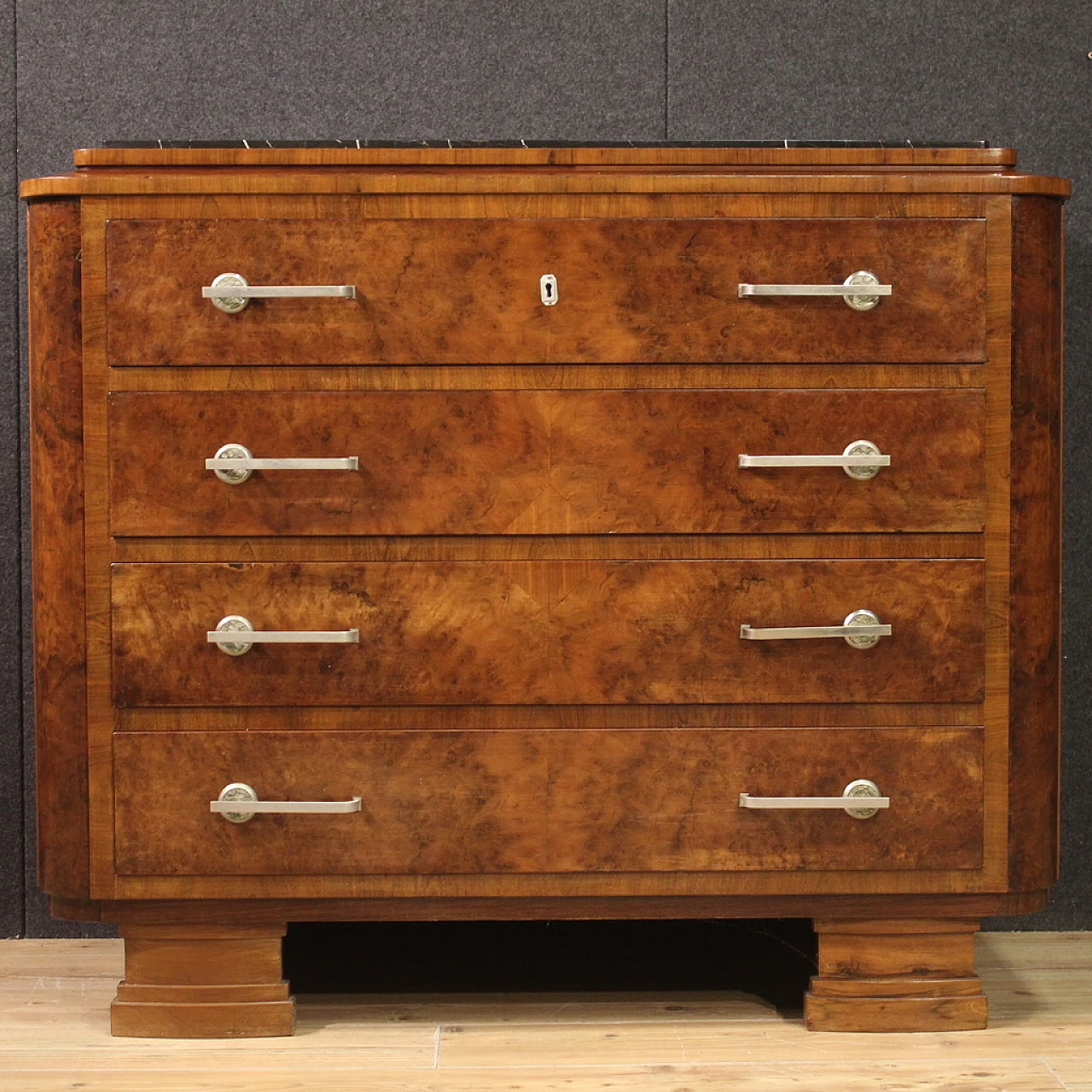 Art Deco walnut and walnut-root dresser with marble top, 1940s 6