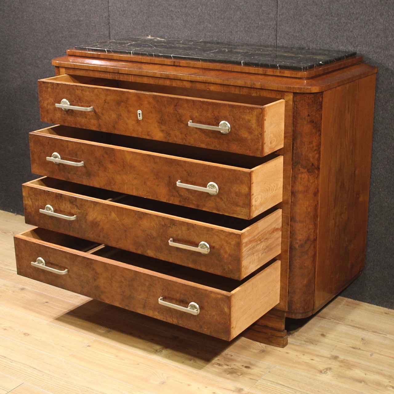 Art Deco walnut and walnut-root dresser with marble top, 1940s 8