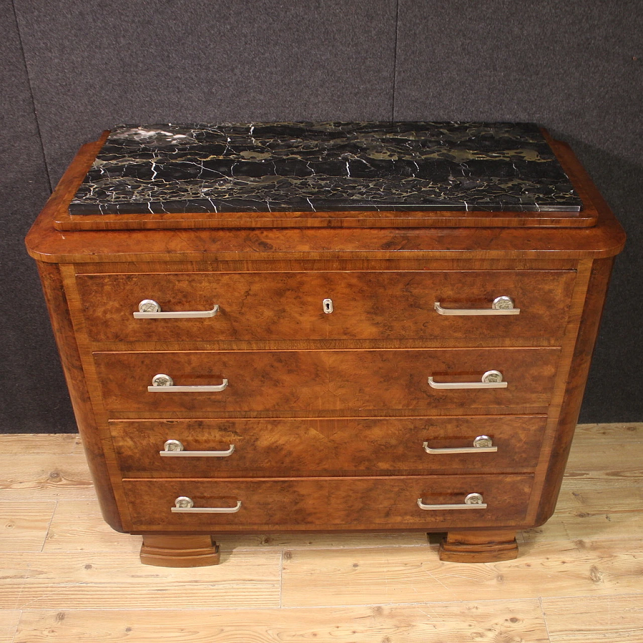 Art Deco walnut and walnut-root dresser with marble top, 1940s 12