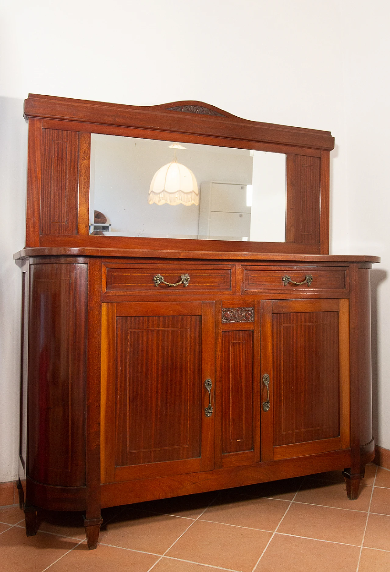 Credenza Liberty in noce impiallacciato rovere con specchio, anni '40 5