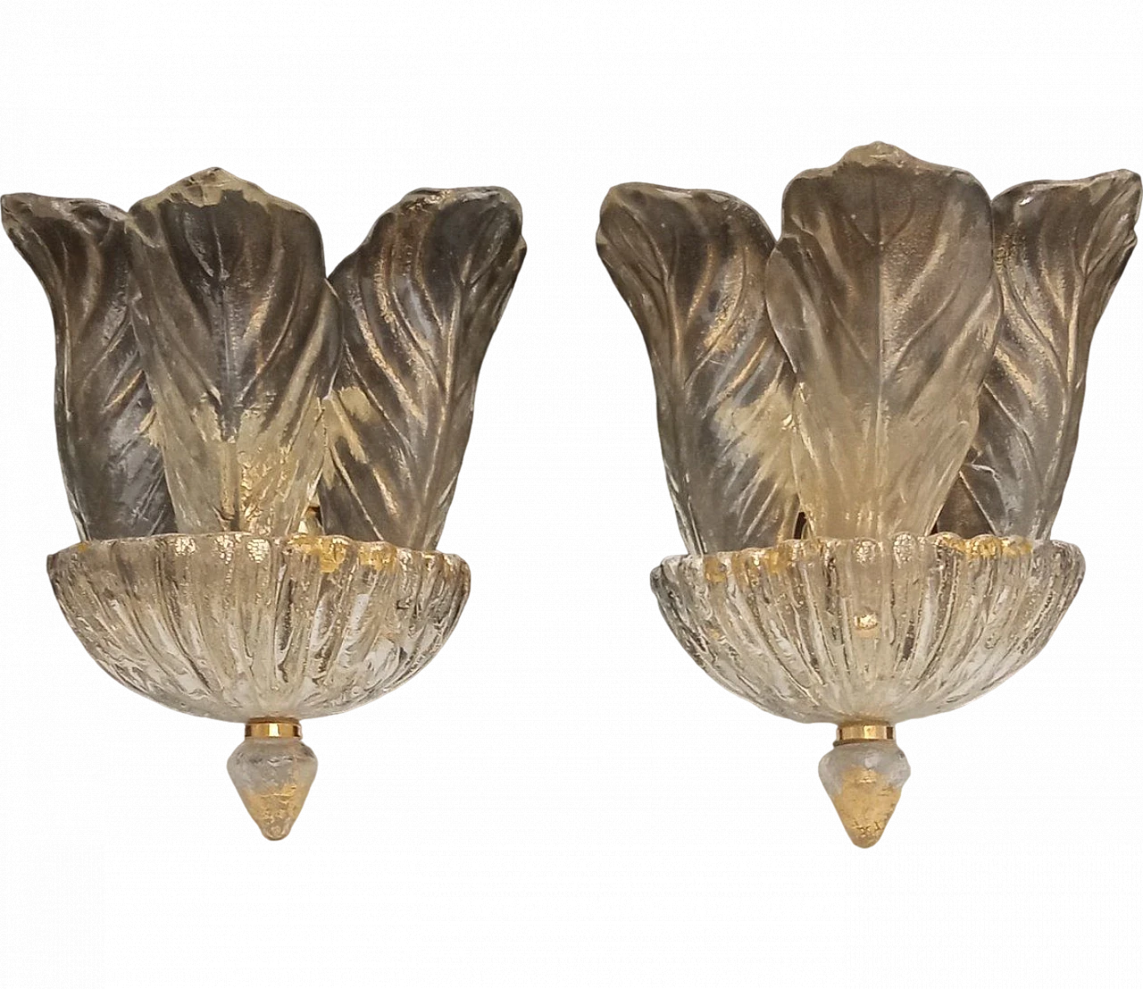 Pair of Murano glass leaf wall lamps, 1980s 12