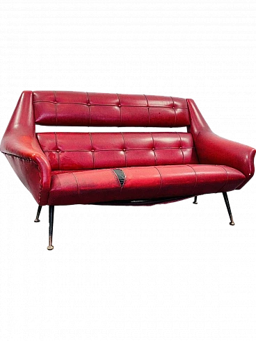 Red leather two-seater sofa by Gigi Radice, 1950s