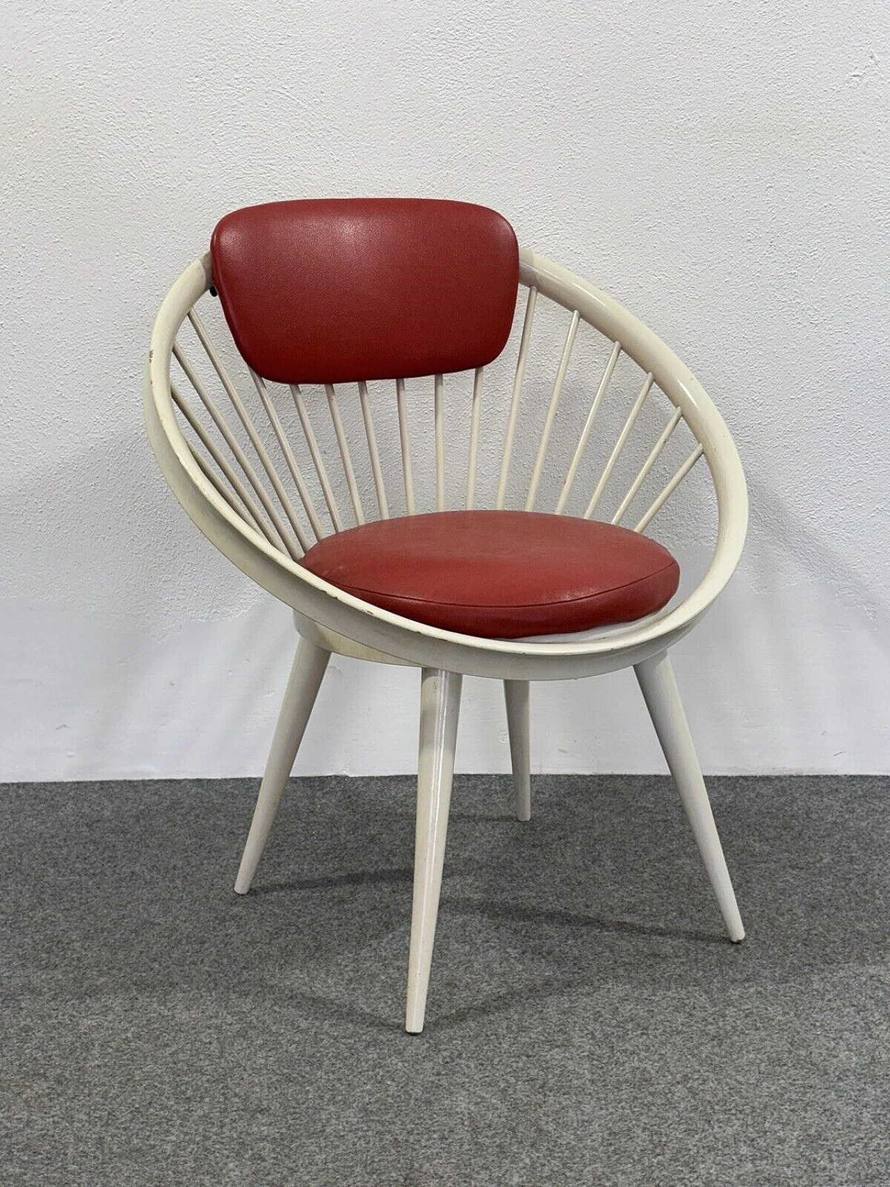 White wood and red leather armchair by Yngve Ekström, 1960s 1