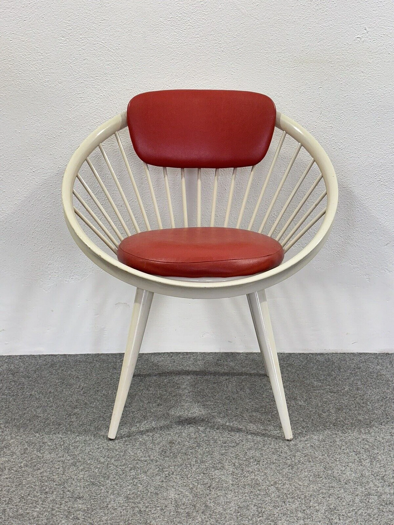 White wood and red leather armchair by Yngve Ekström, 1960s 3