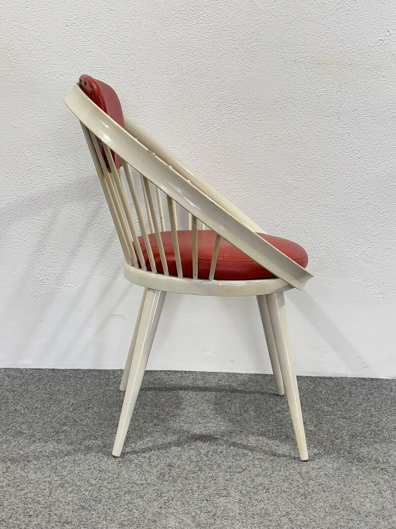 White wood and red leather armchair by Yngve Ekström, 1960s 4