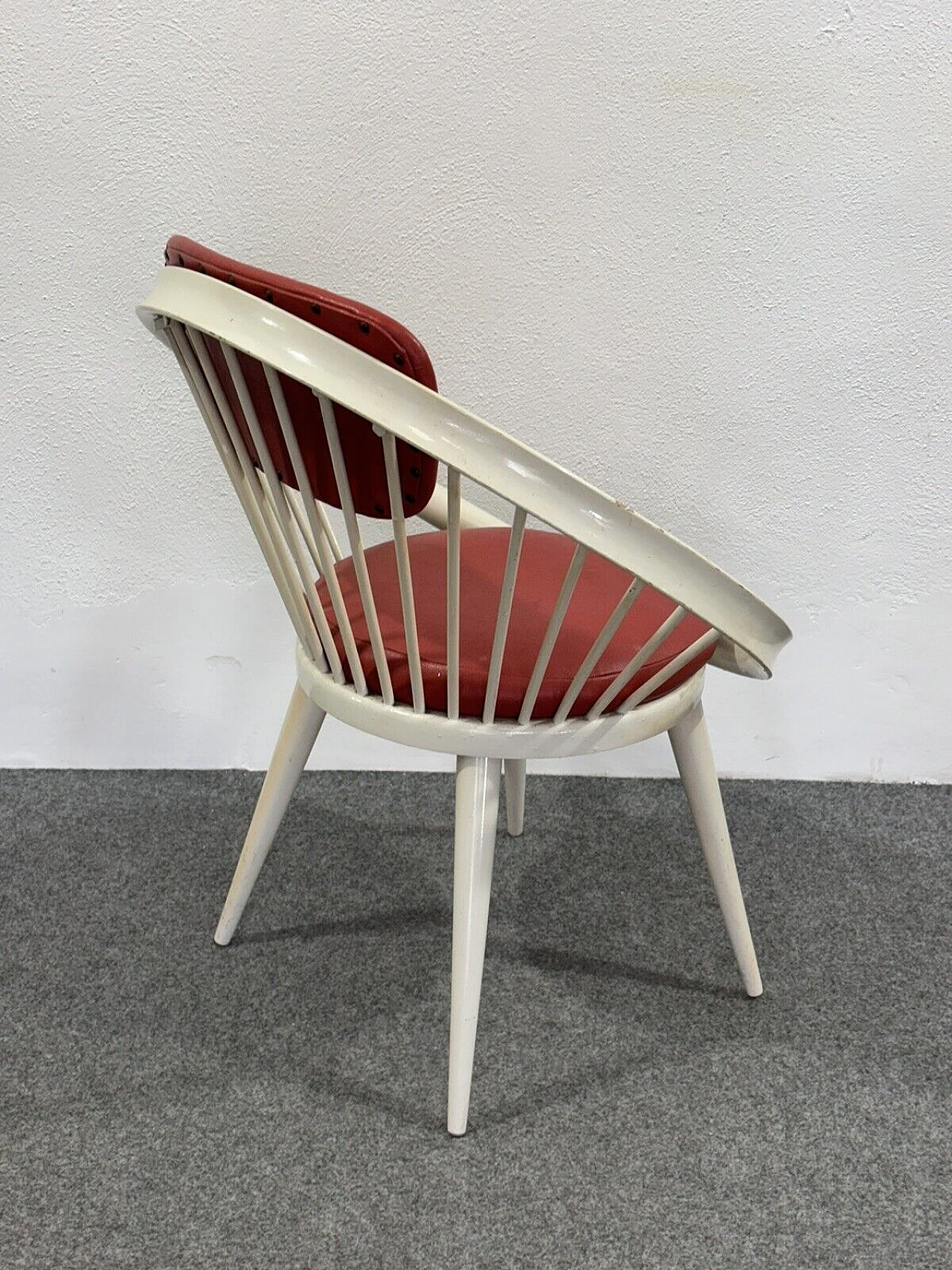 White wood and red leather armchair by Yngve Ekström, 1960s 5