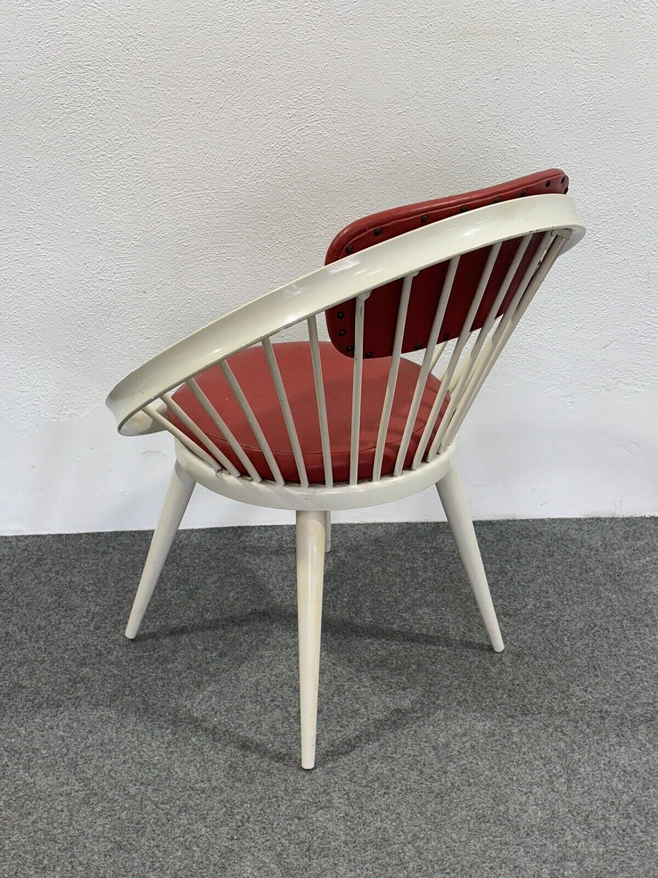 White wood and red leather armchair by Yngve Ekström, 1960s 7