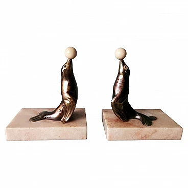 Pair of French Art Deco zinc and marble bookends, 1930s